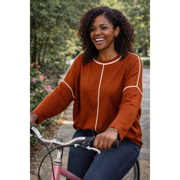 Gibson Latimer Womens Rust Orange Oversized Crewneck Sweater Piping Detail Sz M - Picture 2 of 5